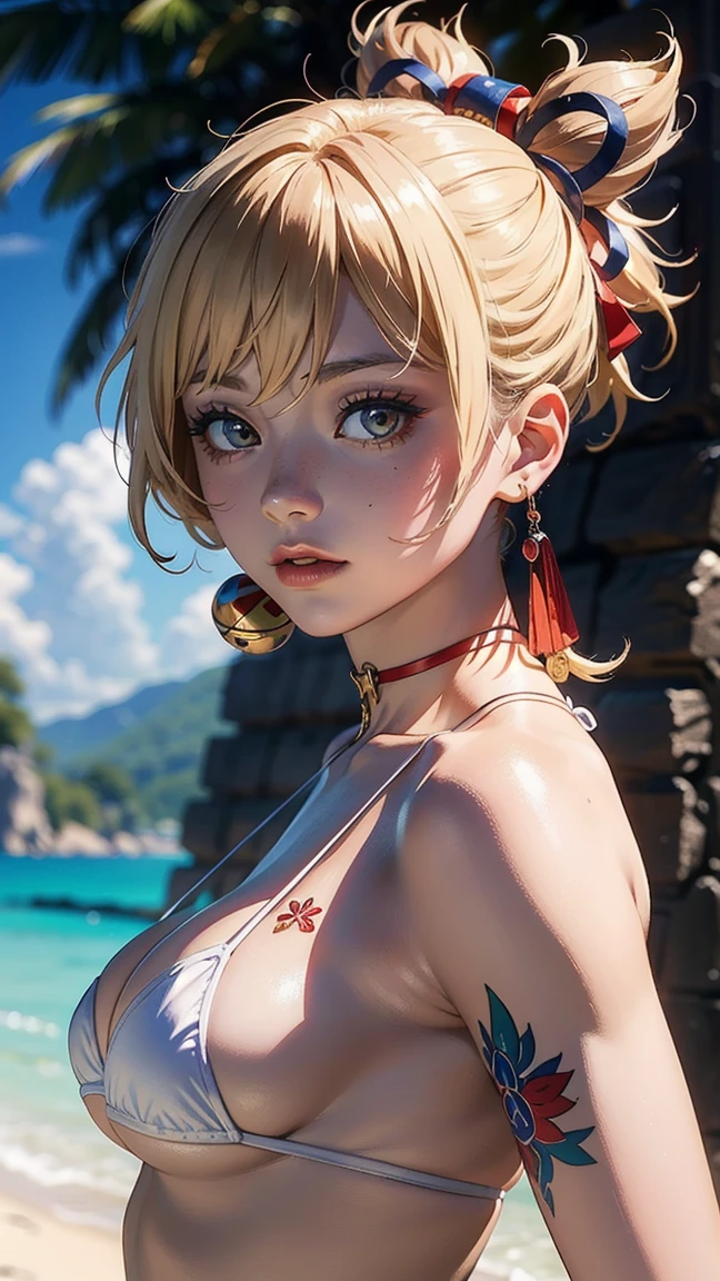 Pam Bessly (Masterpiece, Superior quality, Best Quality, Official Art, beautiful and aesthetic:1.2), (beautiful face), extremely detailed,striking,more detailed, (playa), bright Eyes, medium chest, (white micro bikini:1.2), ((yoimiya def))