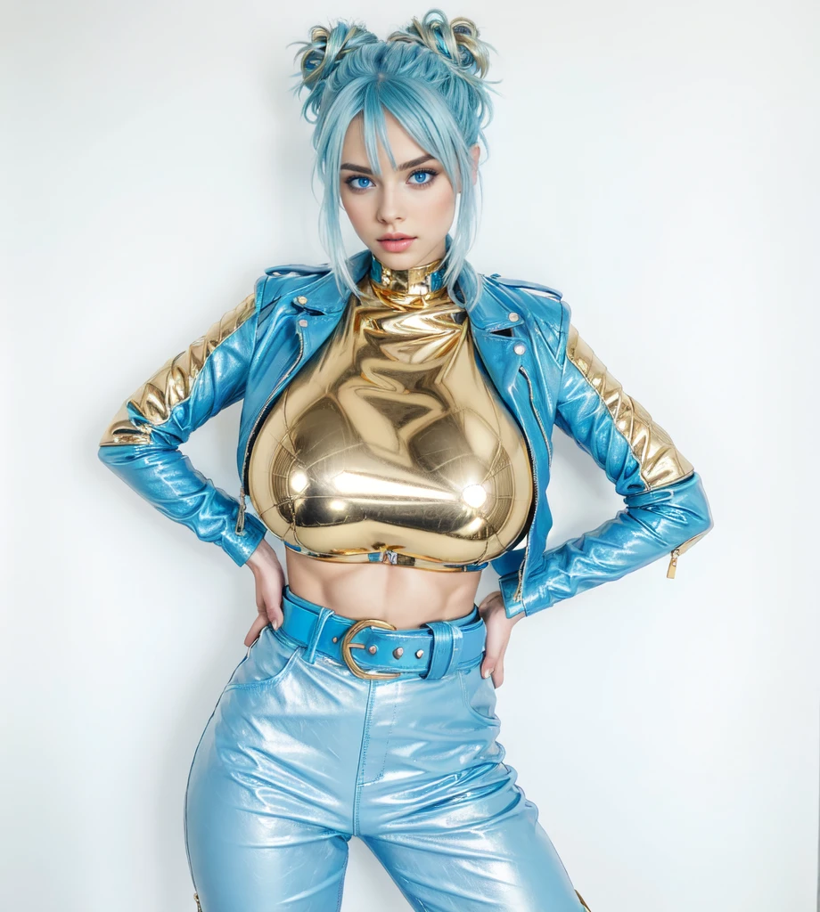 best quality, women, cyan blue hair,blue eyes,double bun, cyan Blue leather crop Jacket,big breast,gold t-shirt, gold belt,standing
