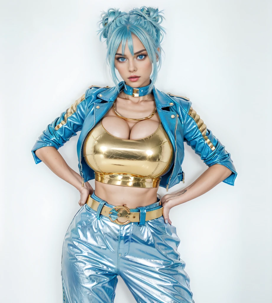 best quality, women, cyan blue hair,blue eyes,double bun, cyan Blue leather crop Jacket,big breast,gold t-shirt, gold belt,standing