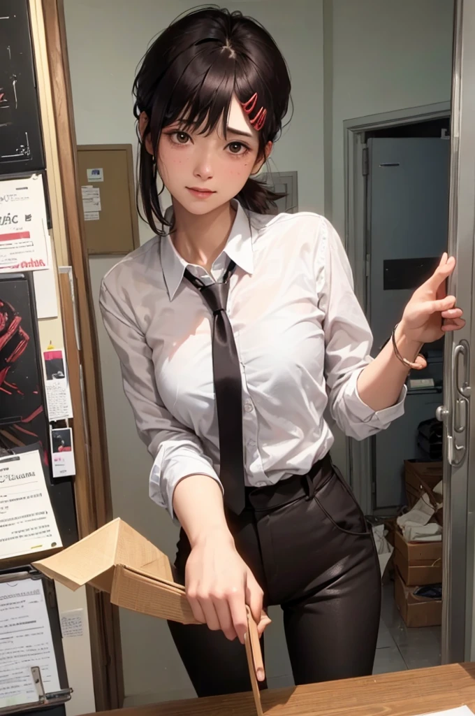masterpiece, best quality, ultra-detailed, illustration, epic lighting, cinematic composition, isometric, 1girl, solo, cute, brown eyes, black hair, swept bangs, single sidelock, red hairclip, white collared shirt, black necktie, black pants, formal, enchanting gaze, captivating pose, indoors, office, door, opening door, looking at viewer, peeking out upper body, blush, seductive smile, closed mouth,(8k:1.1),