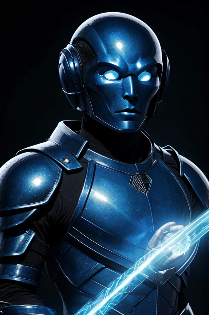 Blue alien in black armor with a blue crystal floating in his right hand