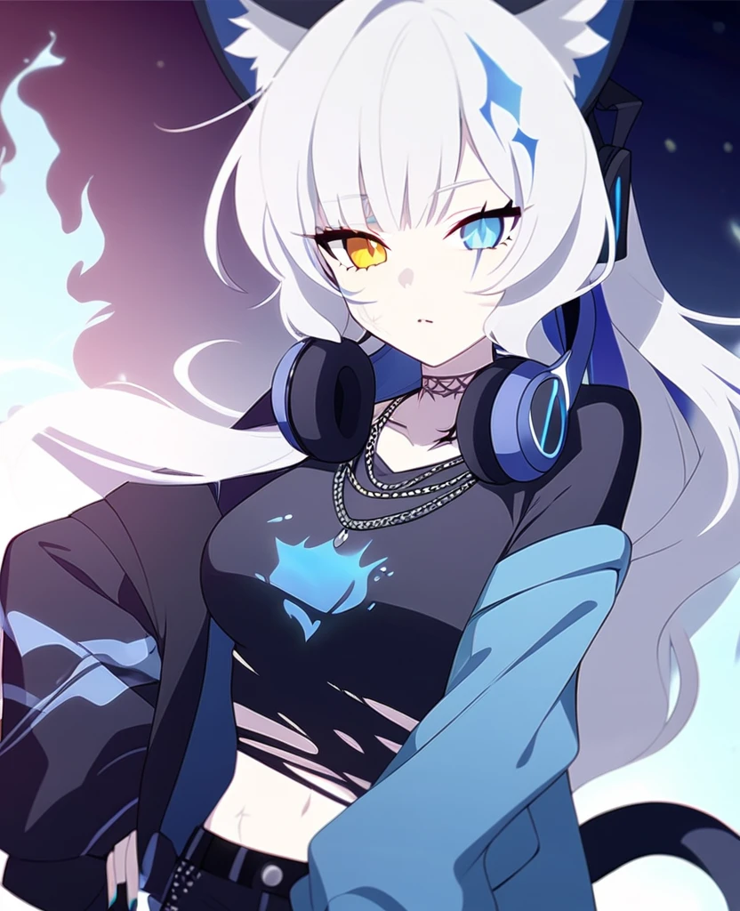 Make me a VTuber design. A girl with a mature body. {Long white hair that has blue fire on the tips of them.} {Cat ears with blue fire in the middle of them instead of fluff.} {A cat tail with blue fire at the end.} Yellow eyes with, scars on her body. {A goth/rockstar wearing shorts like outfit that’s blue and black with headphones that match, draped around her neck.} Fire tattoos. Blue fire cat DJ/Singer. One person only, {blue fire only}.