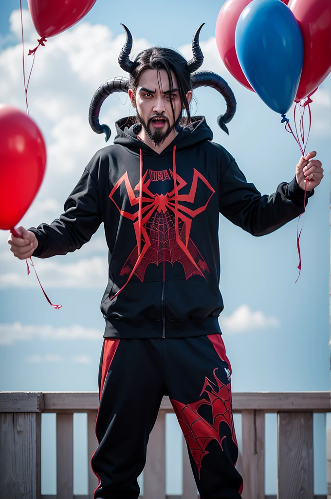 Demon standing, wearing a goatee, long horns, wearing spiderman clothes, Demonic Face, holding party balloons