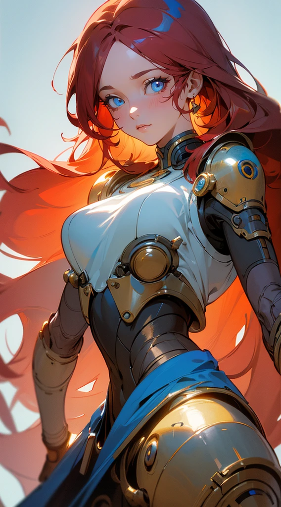 A beautiful mature woman , red hair ,  long hair , wavy hair , blue eyes  eyes ,  age 40,

in the style of cyberpunk futurism, african influence, etam cru, light blue and gold, michael creese, steelpunk, michael hussar, white background

(masterpiece, best quality:1.3),beautiful detailed glow,best illuminate,(((best quality,textile shading,ultra detailed))),extremely detailed CG unity 8k wallpaper,Highly Detailed beautiful and aesthetic,best light,high resolution,detailed,dynamic lighting , 1Character ,  pastel washed out colors , cell shade , soft, muted shades ,gentle colors ,