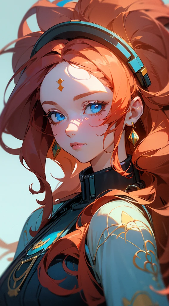 A beautiful mature woman , red hair , long hair , wavy hair , blue eyes eyes , age 40,
in the style of cyberpunk futurism, african influence, etam cru, light blue and gold, michael creese, steelpunk, michael hussar, white background
(masterpiece, best quality:1.3),beautiful detailed glow,best illuminate,(((best quality,textile shading,ultra detailed))),extremely detailed CG unity 8k wallpaper,Highly Detailed beautiful and aesthetic,best light,high resolution,detailed,dynamic lighting , 1Character , pastel washed out colors , cell shade , soft, muted shades ,gentle colors ,