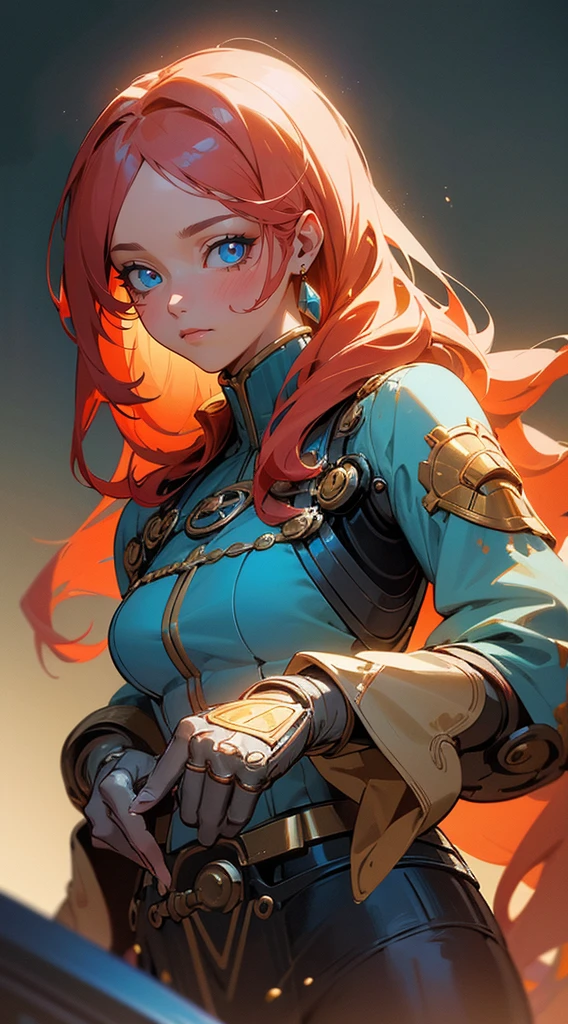 A beautiful mature woman , red hair , long hair , wavy hair , blue eyes eyes , age 40,
in the style of cyberpunk futurism, african influence, etam cru, light blue and gold, michael creese, steelpunk, michael hussar, white background
(masterpiece, best quality:1.3),beautiful detailed glow,best illuminate,(((best quality,textile shading,ultra detailed))),extremely detailed CG unity 8k wallpaper,Highly Detailed beautiful and aesthetic,best light,high resolution,detailed,dynamic lighting , 1Character , pastel washed out colors , cell shade , soft, muted shades ,gentle colors ,