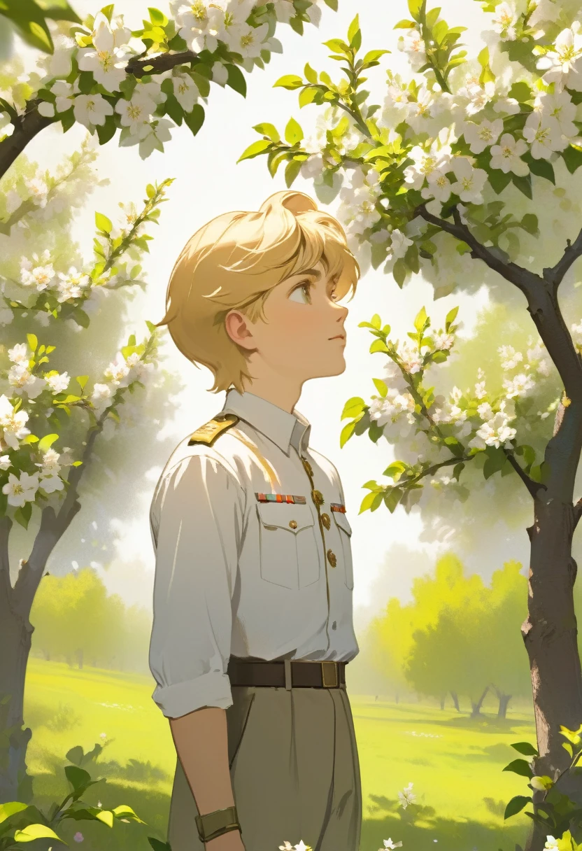 A boy with blond hair in a white shirt stands near a blooming apple tree and looks up. A man in a Soviet officer's uniform stands nearby and walks off into the distance.