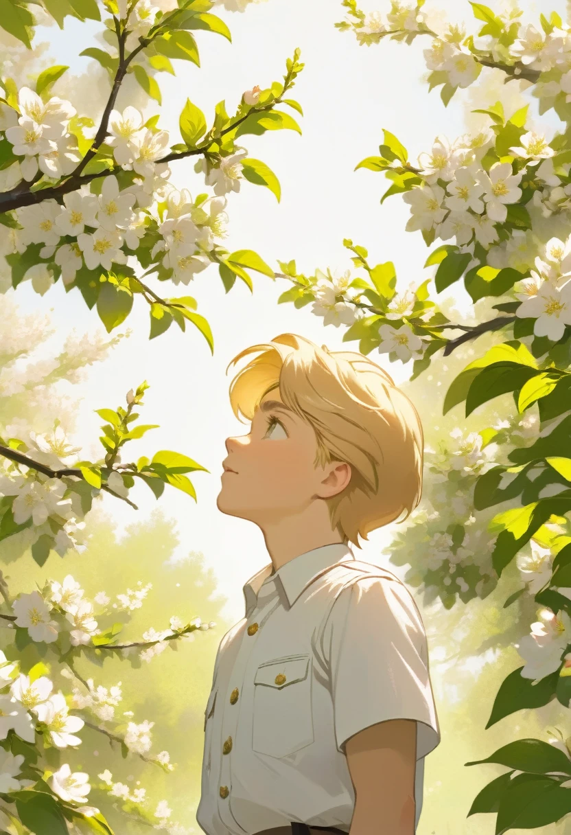 A boy with blond hair in a white shirt stands near a blooming apple tree and looks up. A man in a Soviet officer's uniform stands nearby and walks off into the distance.