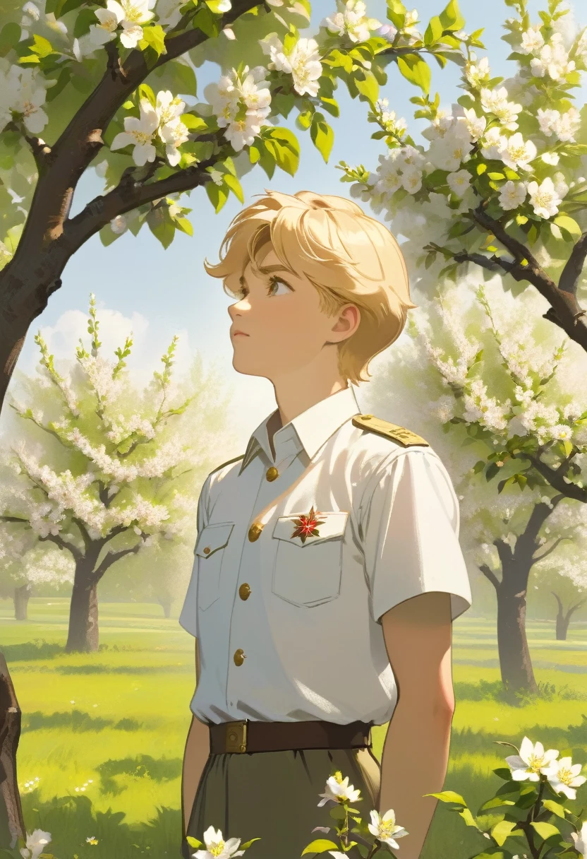 A boy with blond hair in a white shirt stands near a blooming apple tree and looks up. A man in a Soviet officer's uniform stands nearby and walks off into the distance.