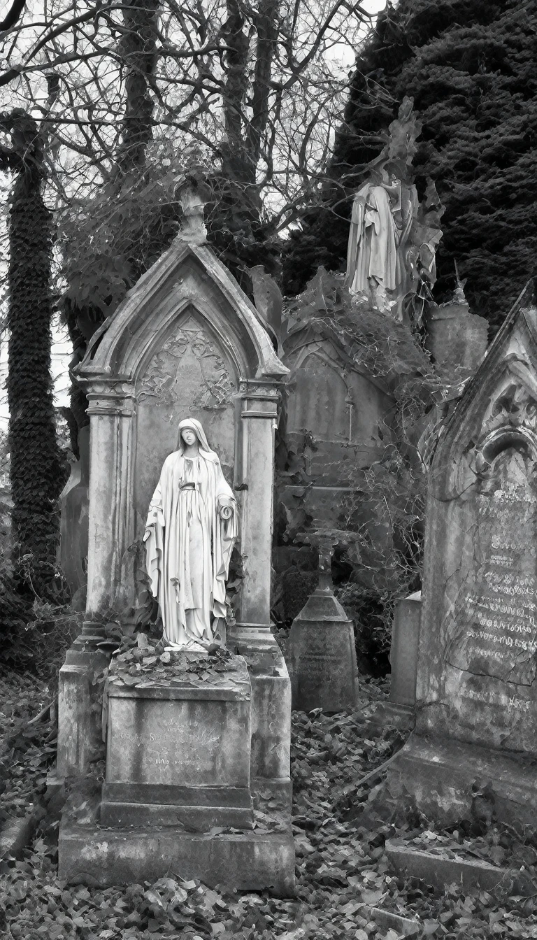 Une vieille pierre tombale envahie par la végétation dans un cimetière abandonné, avec une apparition de la Dame Blanche en arrière plan. La photo est prise sur un argentique, et elle est un peu floue pour plus de réalisme.