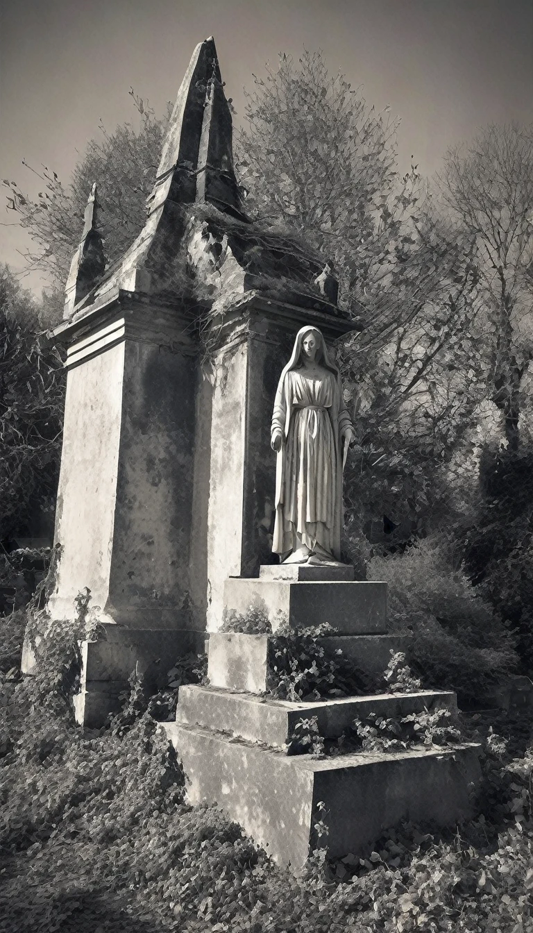 Une vieille pierre tombale envahie par la végétation dans un cimetière abandonné, avec une apparition de la Dame Blanche en arrière plan. La photo est prise sur un argentique, et elle est un peu floue pour plus de réalisme.