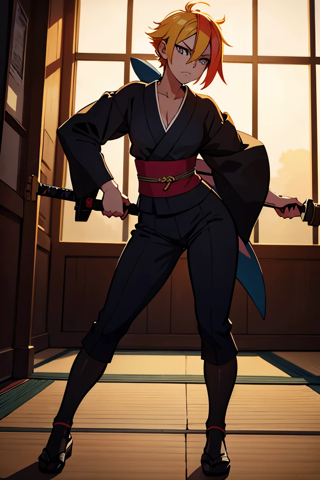 a woman in a black outfit holding a sword, elegant pose, inspired by Kusumi Morikage, inspired by Kanō Hōgai, inspired by Kano Sanraku, inspired by Kawabata Ryūshi, female samurai, Japanese anime style, anime character style, detailed portrait, cinematic lighting, highly detailed, digital painting, masterpiece, intricate details, cinematic composition, award winning digital art, sharp focus, photorealistic, 8k, vibrant colors, dramatic lighting, chiaroscuro, moody atmosphere, full body shot,