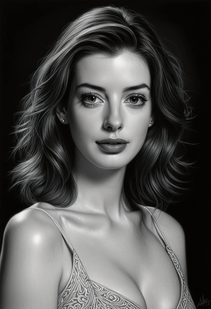 A stunning woman with porcelain skin and piercing eyes, Anne Hathaway, sits confidently for a masterful charcoal portrait, black and white pencil drawing, (best quality,4k,8k,highres,masterpiece:1.2),ultra-detailed,(realistic,photorealistic,photo-realistic:1.37),beautiful detailed eyes,beautiful detailed lips,extremely detailed eyes and face,long eyelashes,elegant pose,dramatic lighting,chiaroscuro,sophisticated,dramatic,high contrast,moody,atmospheric