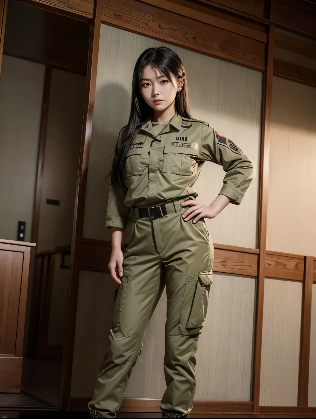 A Japananese beatiful girl, wearing united states army uniform, long legs, Black hair, tight united states army military trousers, stand up, looking to viewer, united states army uniform,stand up,military uniform, standing up tight military uniform