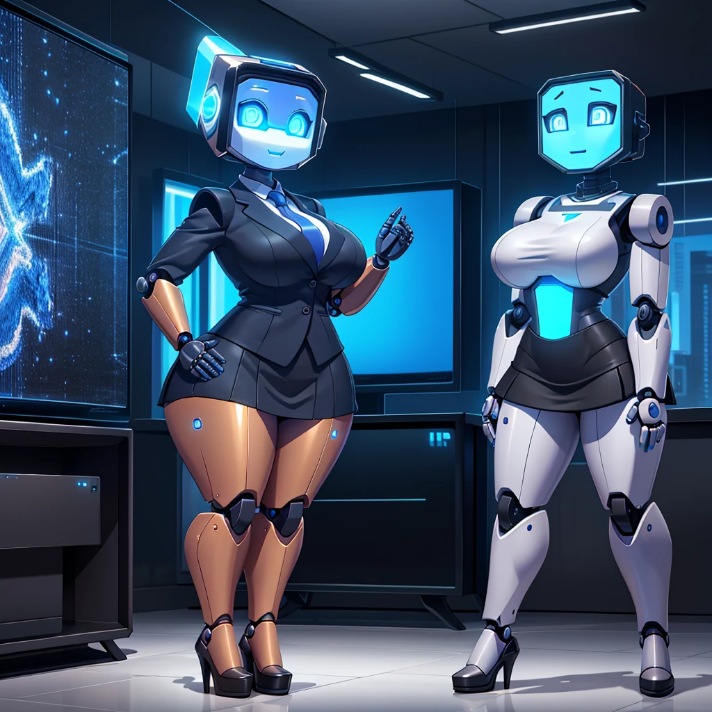 (masterpiece) (high Res), (((robot))), (Perfect face), (perfect anatomy), robot woman with a television head, in super tight clothes, (office suit), (mini skirt), shirt, tie, happy,((blue glowing eyes)), huge breast, narrow waist, wide hips, thick thighs, Brown skin, metal body, black high heels, ((((TV Head)))), (tv girl), ((((Television Head))))