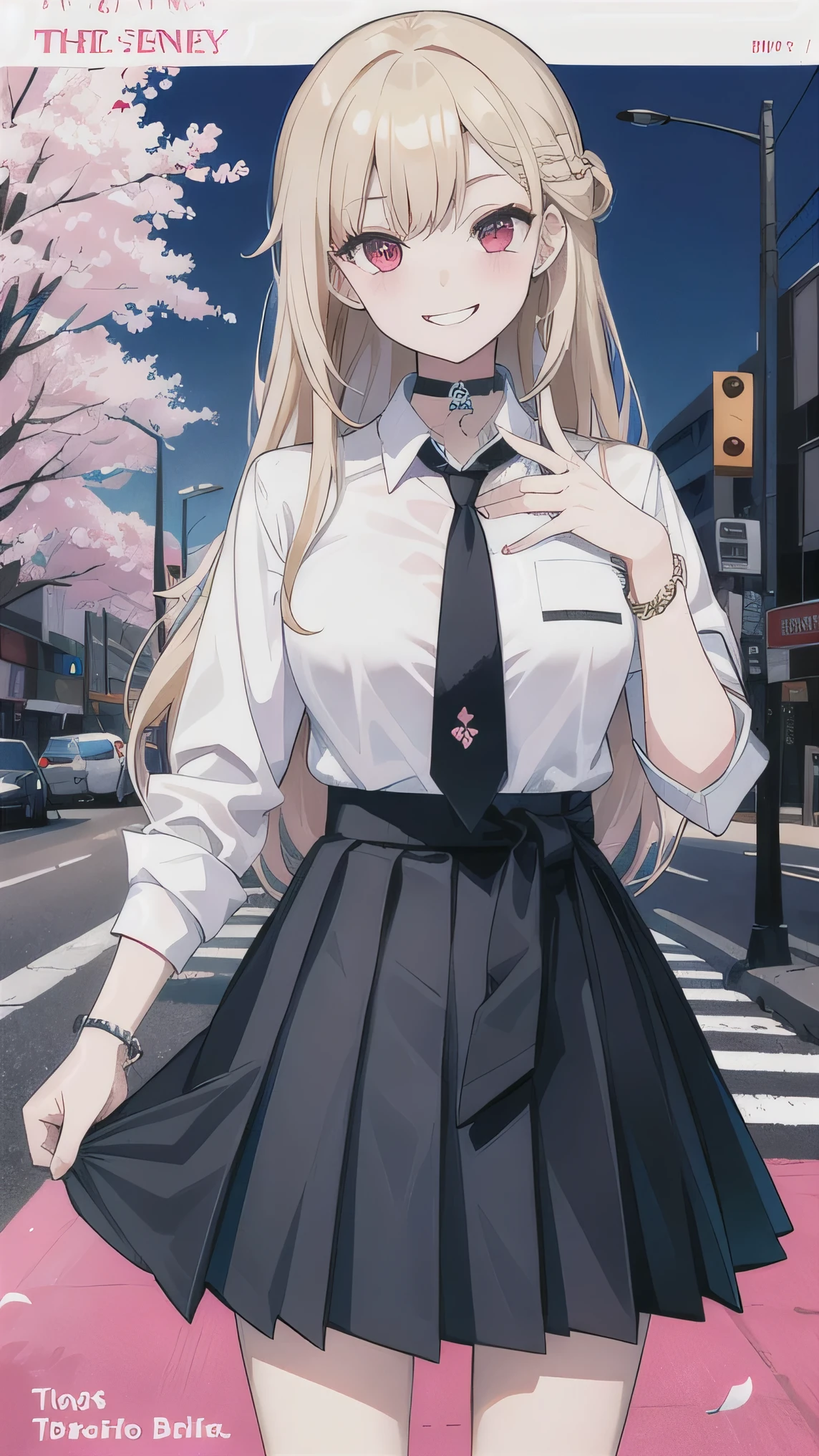 masterpiece, best quality, full body, 1girl, bangs, black choker, black necktie, blonde hair, blue skirt, blush, bracelet, breasts, choker, clothes around waist, collarbone, collared shirt, cowboy shot, dress shirt, ear piercing, eyebrows visible through hair, gradient hair, grin, gyaru, jewelry, kogal, long hair, looking at viewer, loose necktie, necktie, piercing, plaid, plaid skirt, pleated skirt, red eyes, ring, , shirt, skirt, smile, solo, white shirt, street, sky, cherry blossoms, petals,illustration, (magazine:1.3), (cover-style:1.3), fashionable, woman, vibrant, outfit, posing, front, colorful, dynamic, background, elements, confident, expression, holding, statement, accessory, majestic, coiled, around, touch, scene, text, cover, bold, attention-grabbing, title, stylish, font, catchy, headline, larger, striking, modern, trendy, focus, fashion,