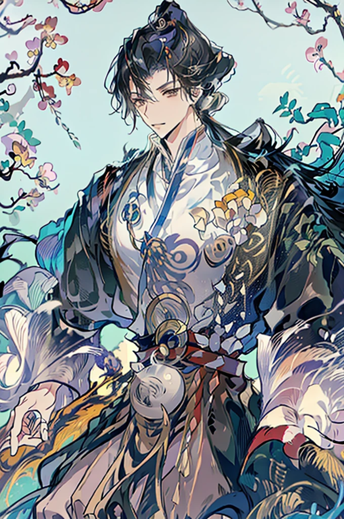 male anime character, anime rudo 8k, artwork in the style of guweiz, long black hair, tied in a pigtail, black eyes, wearing a white tunic with silver details, cute boy, androgynous prince, long tunic, chinese portrait, lips, male focus