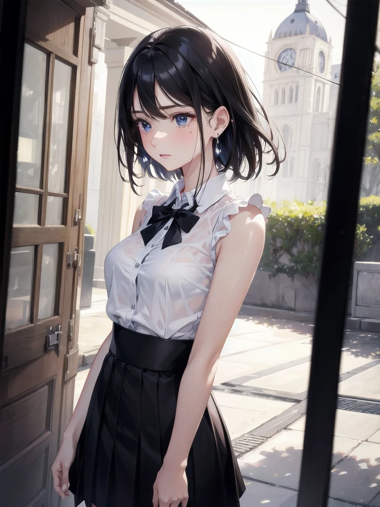 absurdres, RAW photo, extremely delicate and beautiful, masterpiece, Best Quality, ultra high resolution, 32k, hyperrealistic, ultra-detailed, in her 20s, delicate facial features, tearful mole, earring, medium breasts, full body shot, shorter middle hair, black hair, summer school_uniform shirt, sleeveless,