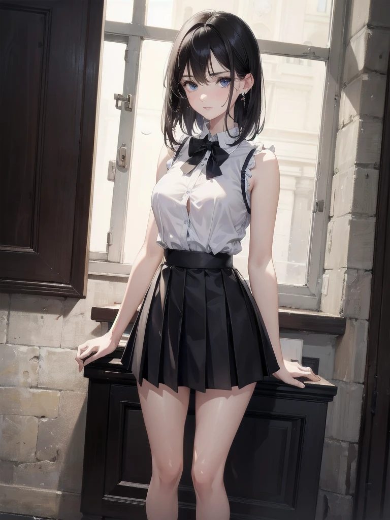 absurdres, RAW photo, extremely delicate and beautiful, masterpiece, Best Quality, ultra high resolution, 32k, hyperrealistic, ultra-detailed, in her 20s, delicate facial features, tearful mole, earring, medium breasts, full body shot, shorter middle hair, black hair, summer school_uniform shirt, sleeveless,