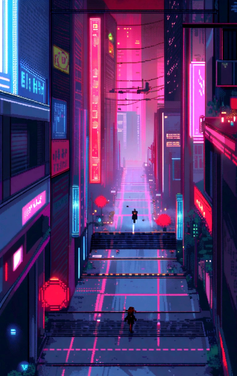 element: Pixel art characters running through a pixelated cyberpunk city. Towering Buildings, Moving holograms and flying cars make up the scene.. The characters are accompanied by pixel-art robots that move in time with the music..

• color: red and black tones,There&#39;s a red dot, Neon Light.