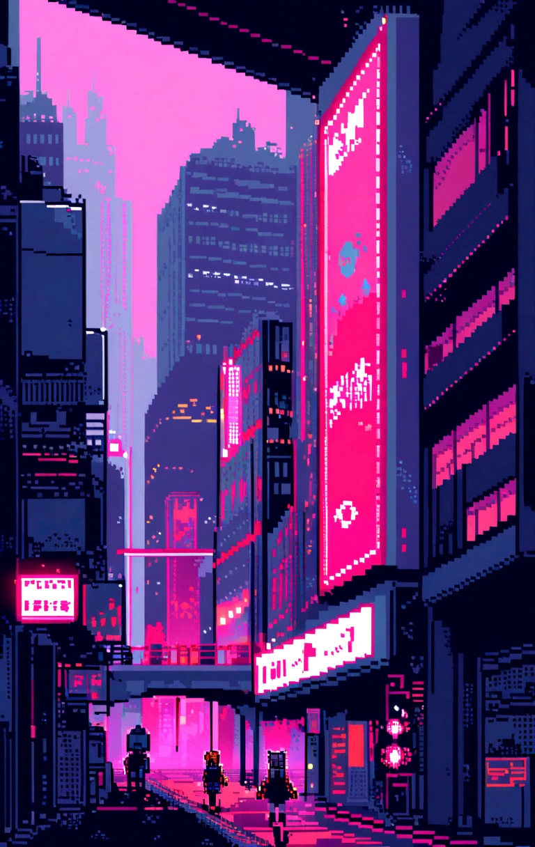 element: Pixel art characters running through a pixelated cyberpunk city. Towering Buildings, Moving holograms and flying cars make up the scene.. The characters are accompanied by pixel-art robots that move in time with the music..
• color: red and black tones,There's a red dot, Neon Light.