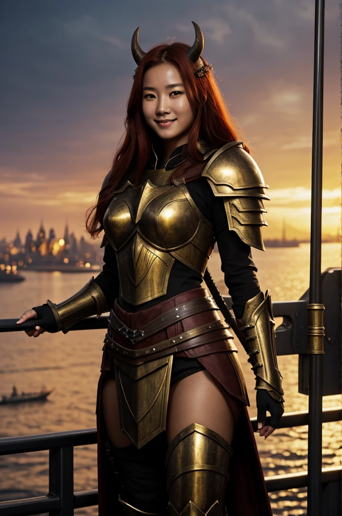 a young Korean woman with golden eyes and lush red hair and large dark red horns, tanned bronze skin, huge chest, predatory grin smile, dressed in heavy armor of dark silver and gold color, backpack two handed sword, standing on the deck of a ship against the backdrop of a port city, fantasy atmosphere, dark fantasy, ultrarealism, cinematic, HD 16K, hyperrealism ,