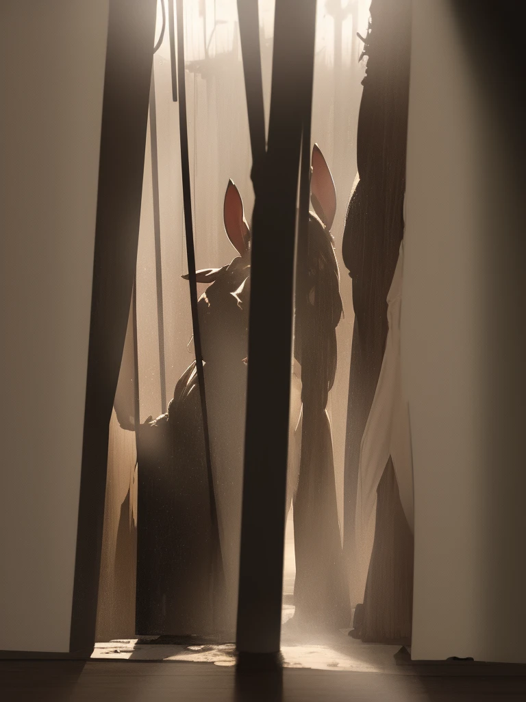 In a dark haunted house, horror, fear , It's muggy , steamy , rabbit ear girl , holding back pee , Disarray of clothing , Shadows seen through the curtains
