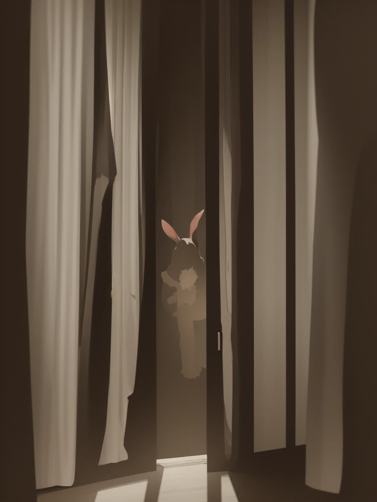 In a dark haunted house, horror, fear , It's muggy , steamy , rabbit ear girl , holding back pee , Disarray of clothing , Shadows seen through the curtains