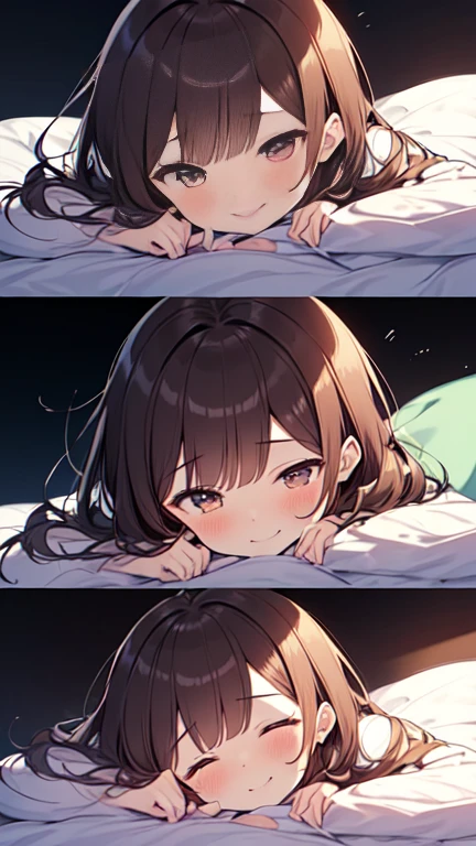 Highest quality, masterpiece, Ultra-high resolution, 8K,Show anime style , Soft Line Art, Digital Enhancement, shojo anime touch, shojo manga core, Flowing fabric, close, Soft Drawing, Ultra-Definition Digital Anime Art, Clear facial depiction, Super detailed girl cartoon character art, Ultra-detailed manga style, Highest qualityの色, 1People Women,(A woman with short brown hair), Wet Hair,Beautiful brown hair, Clear brown eyes, Slightly chubby,Small breasts,pajamas,((She is sleeping in bed with the covers on.)),I sleep in the same bed and watch her,Peaceful sleeping face,She wakes up,I call out good morning,((She lay face down in her sleep, her cheek on the pillow, turned her face towards me and smiled fondly.)),Little devil's smile,(Focus on face)