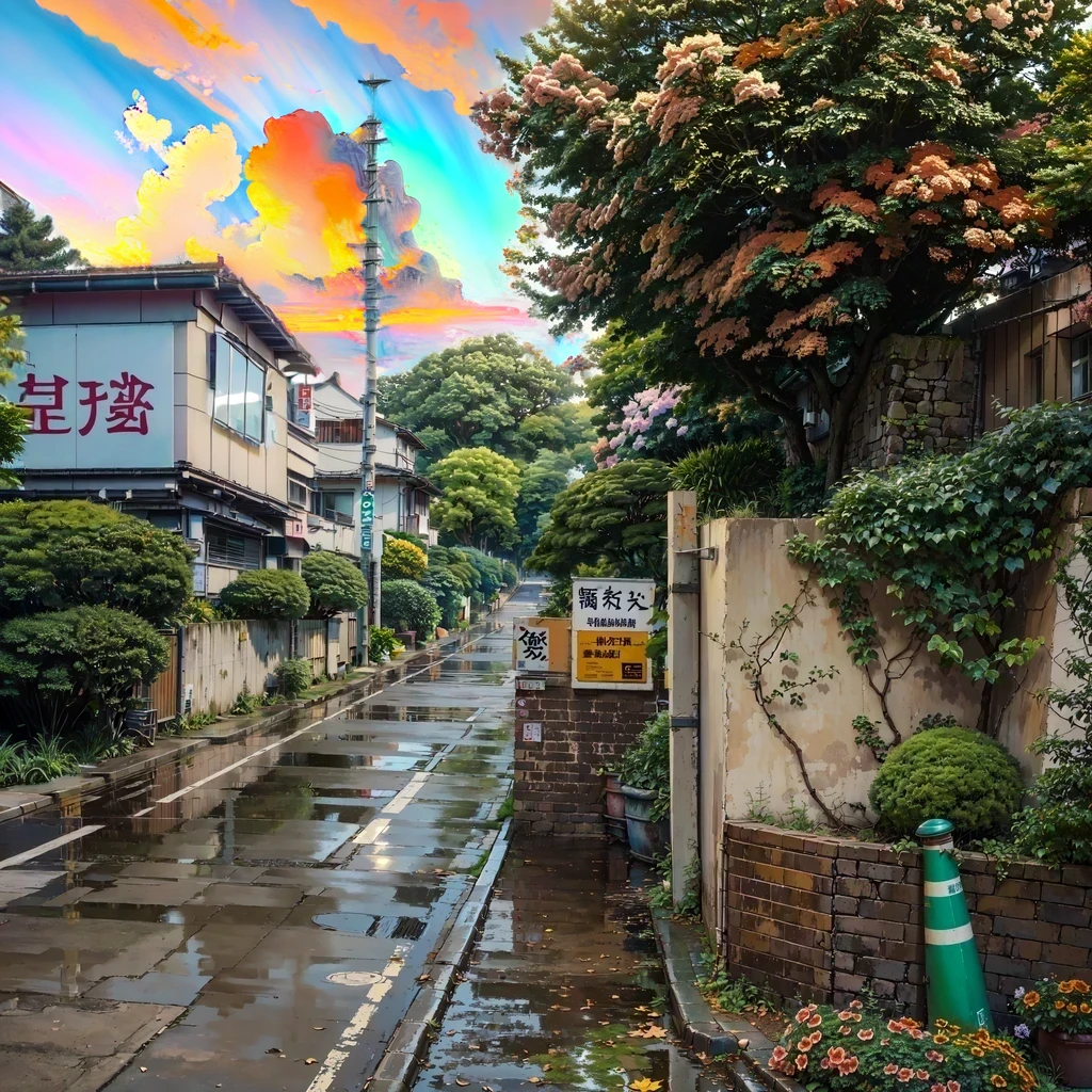 ((dramatic and vibrant sky:1.5)), featuring colorful clouds, intense sunset hues, and dynamic lighting. The sky should have a surreal and ethereal quality, inspired by Makoto Shinkai's signature style. Include elements like scattered clouds with glowing edges, vibrant gradient colors from deep purples and blues to fiery oranges and pinks, and rays of sunlight piercing through the clouds. Reflective light on the buildings and streets below to enhance the scene's atmospheric depth and richness. (((best quality:1.5))), (((masterpiece:1.5))), ((highly detailed:1.3)), ((colorful:1.3)), anime sky, cinematic lighting, ethereal glow, painted in anime painter studio,

