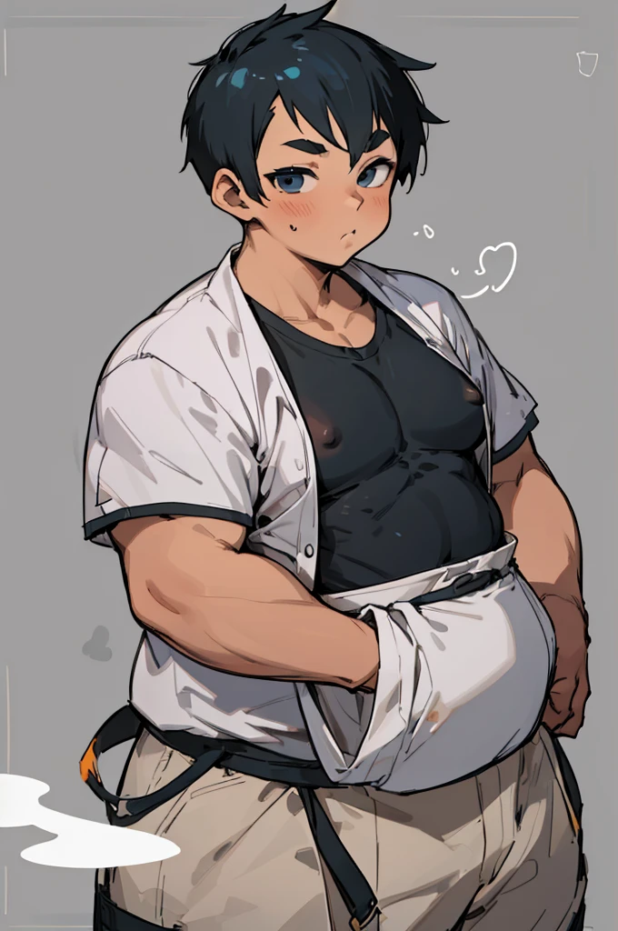 (androgynous), (boyish), beautiful, chubby, (very short hair), (pudgy face), (thick), overweight, beefy, nipples, (cute), (little brat), (naughty brat), (へそ), ぽっちゃりした体, 汗ばんだ体, (臭そうな体), (moobs), (ikemen), (boyish)