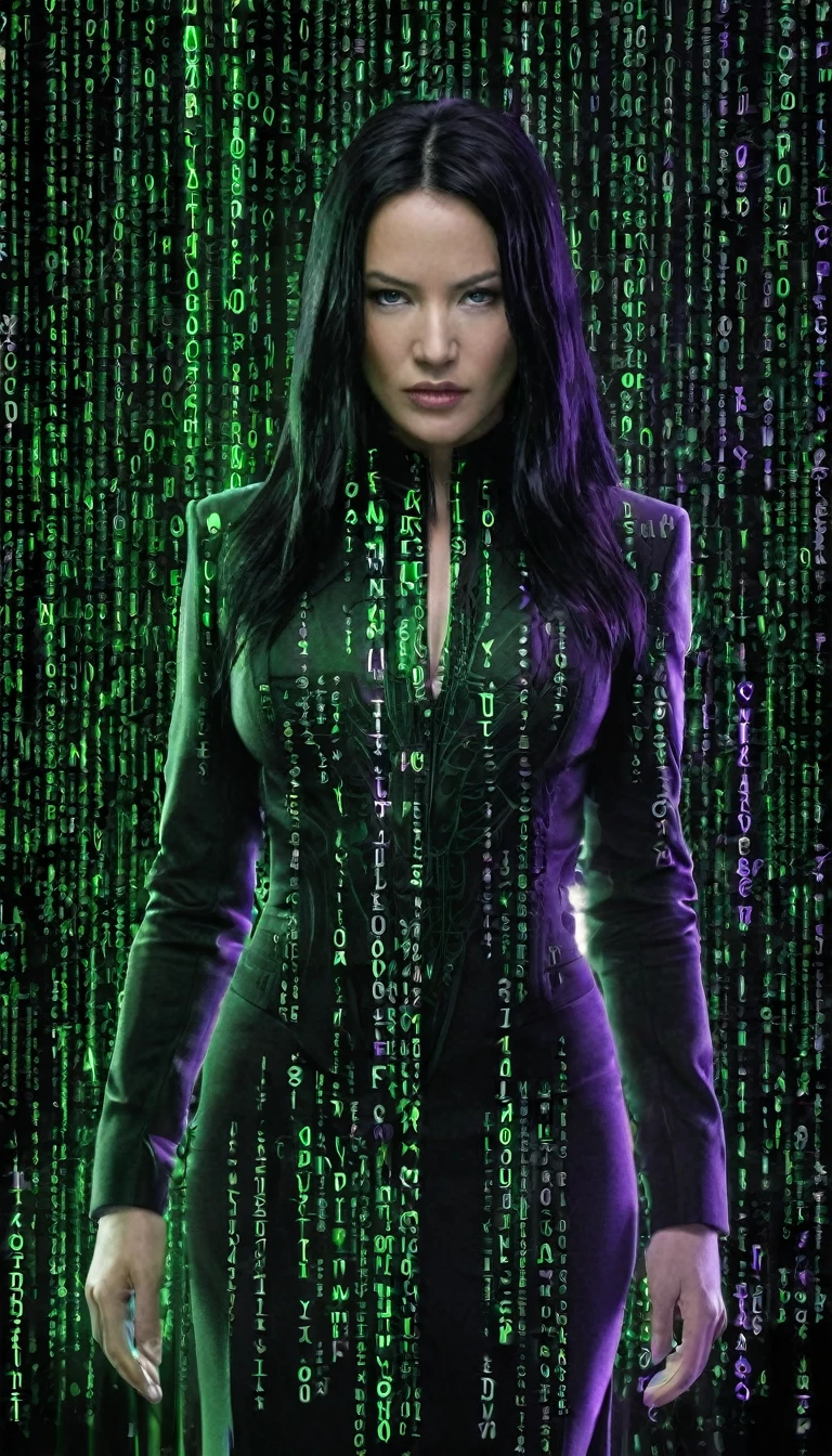 "Trinity's quest: Green matrix code flowing in the middle, purple and black background.", tritnity is white woman with black hair, that works secretly with Morpheus and neo.