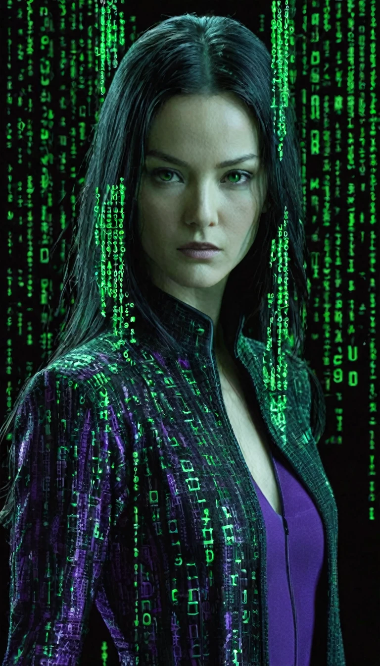 "Trinity's quest: Green matrix code flowing in the middle, purple and black background.", tritnity is white woman with black hair, that works secretly with Morpheus and neo.