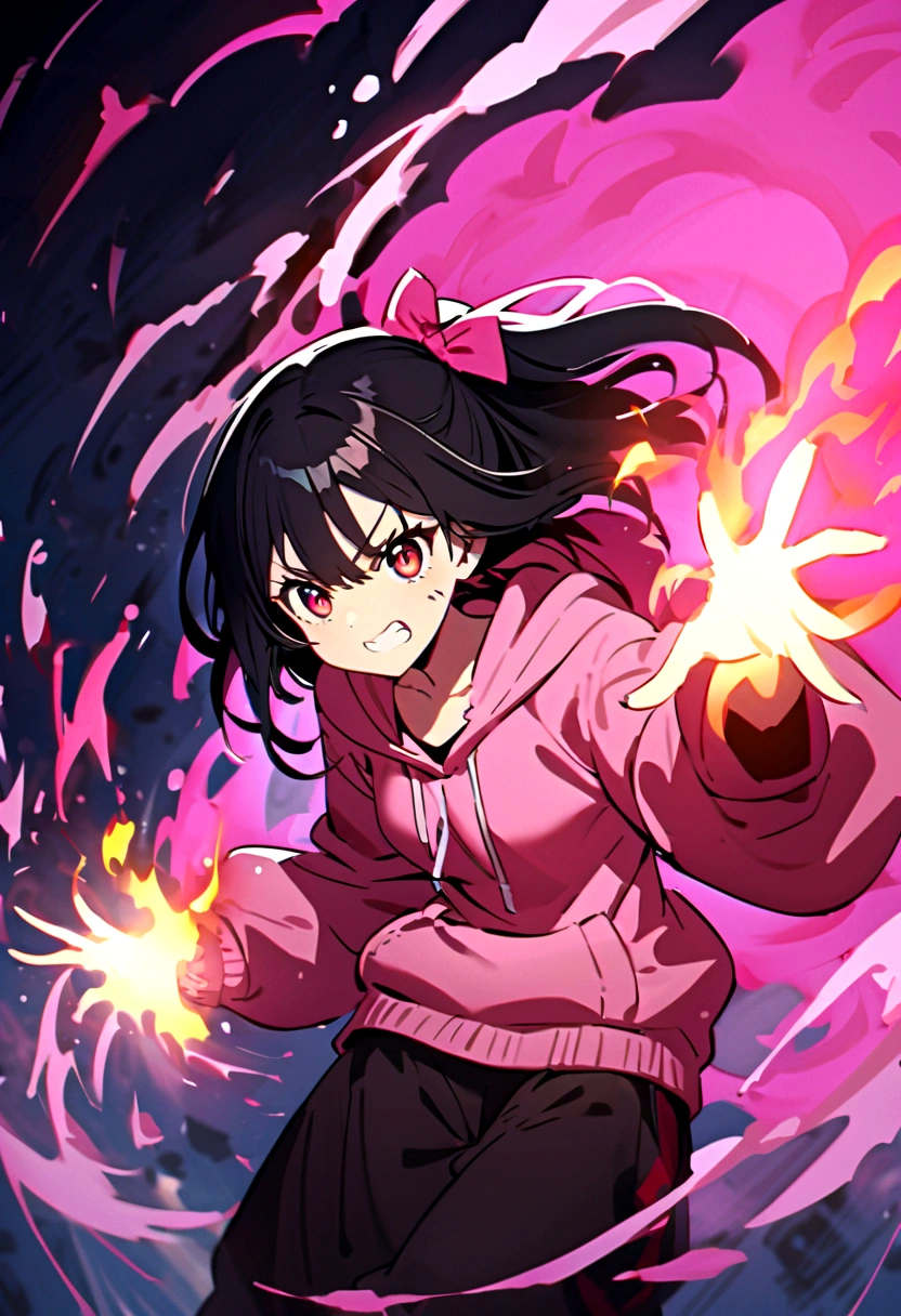 an anime girl with red eyes, long black hair with pink strands with small hair bow with small blue and yellow cubes decoration on the bow, on the right side of the head. She wears a pink sweatshirt that is too big for her and small black sweatpants.. A pink aura emanated from his body that manifested as flames and in a violent manner.. With his clothes destroyed and with several injuries, He grits his teeth while generating a ball of pink flame-shaped energy that spins on itself like a tornado.