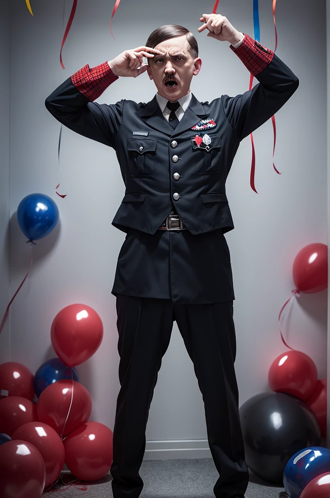 Adolf Hitler standing, wearing spiderman clothes, Demonic Face, holding party balloons