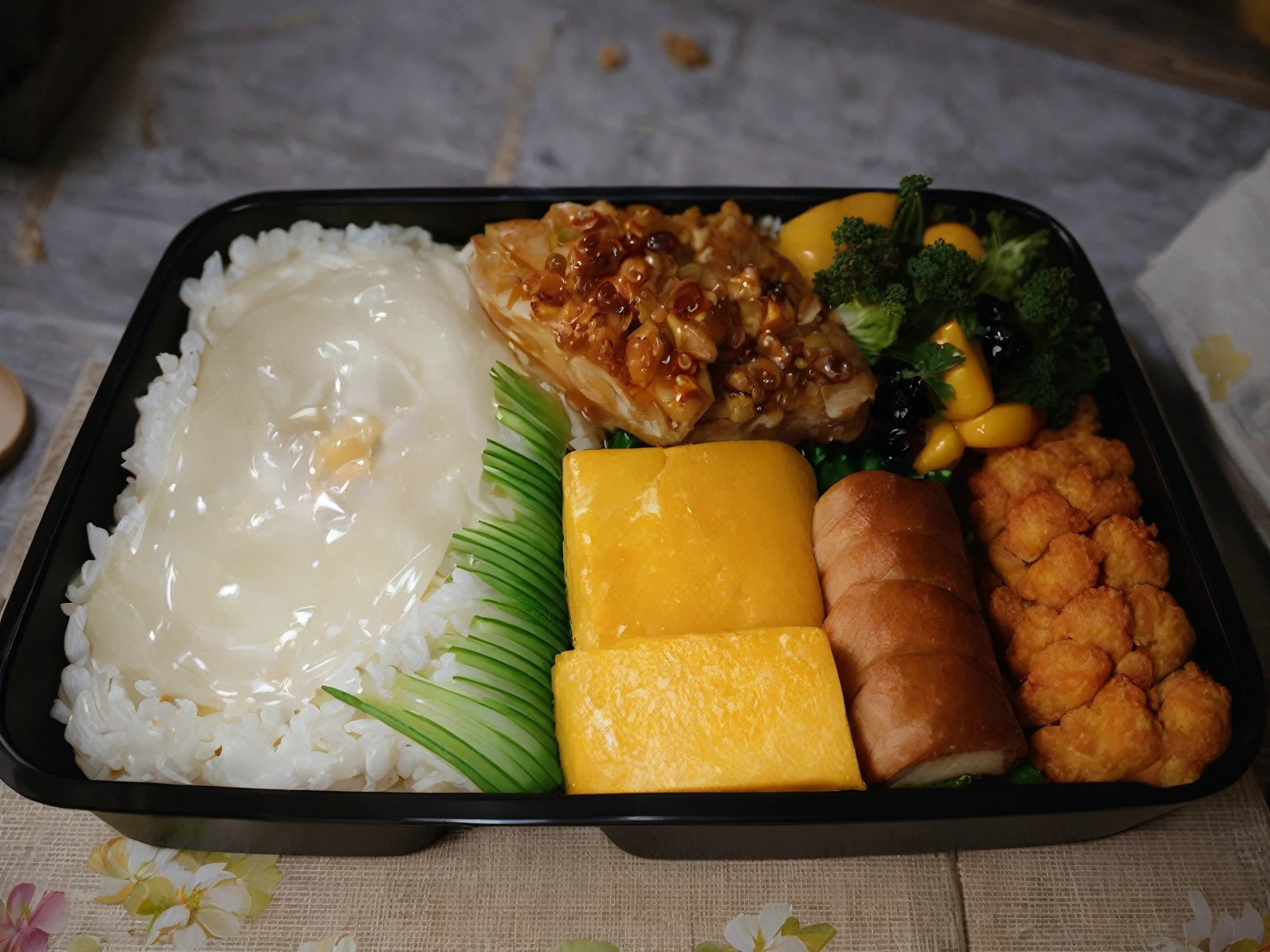 Very delicious lunch box。perfect anatomy, masterpiece, best quality, 16K, beautiful detailed grow, daydreaming expression.
