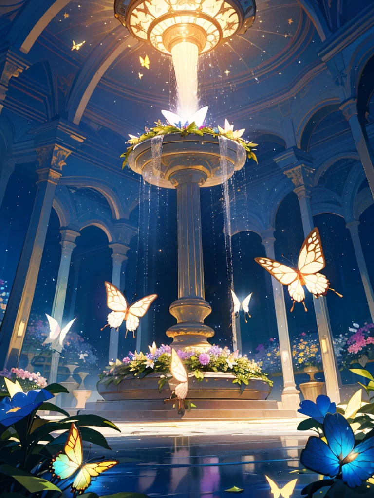 (top quality, masterpiece, ultra-realistic), night, starry skies, magical indoor botanical garden, dome, sparkling water fountain, lots of flowers, glowing butterflies, background landscape is a garden with petals and papas flying around. --v6
