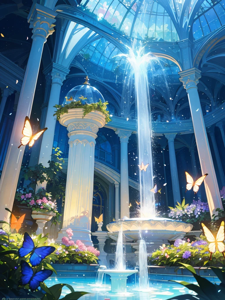(top quality, masterpiece, ultra-realistic), night, starry skies, magical indoor botanical garden, dome, sparkling water fountain, lots of flowers, glowing butterflies, background landscape is a garden with petals and papas flying around. --v6