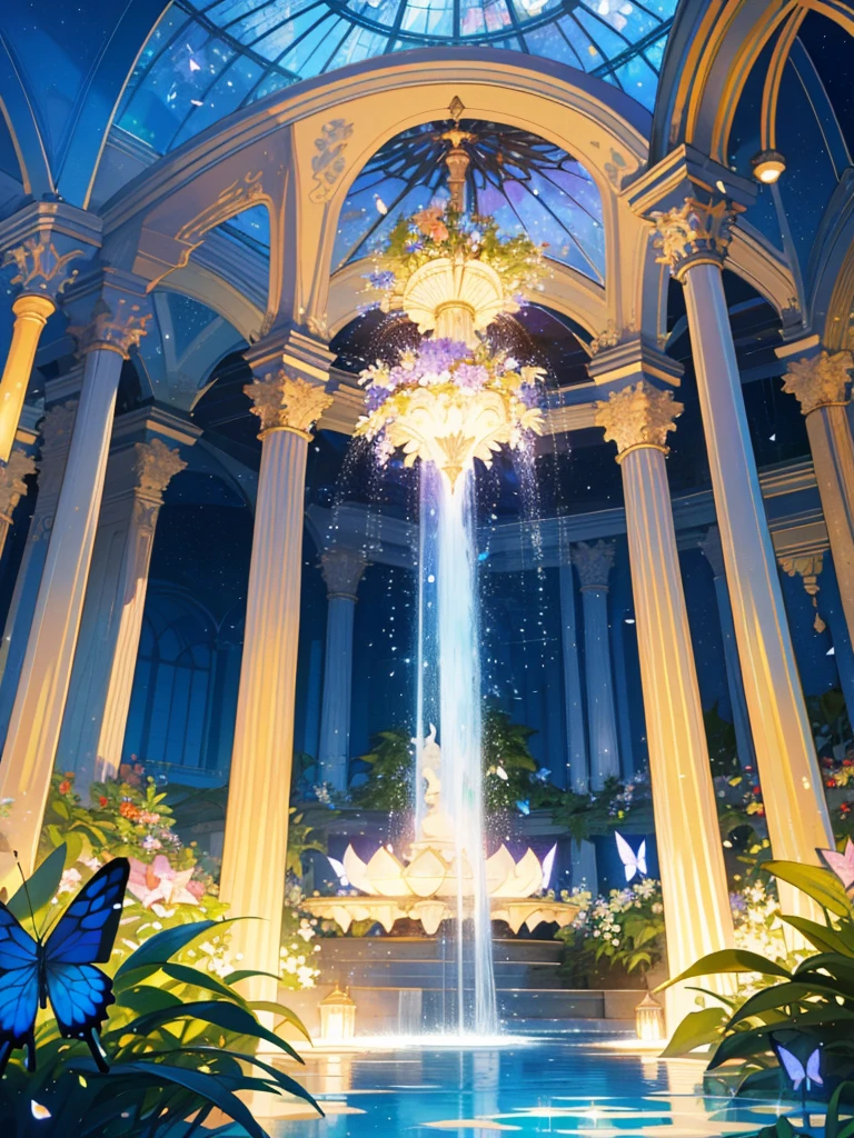 (top quality, masterpiece, ultra-realistic), night, starry skies, magical indoor botanical garden, dome, sparkling water fountain, lots of flowers, glowing butterflies, background landscape is a garden with petals and papas flying around. --v6