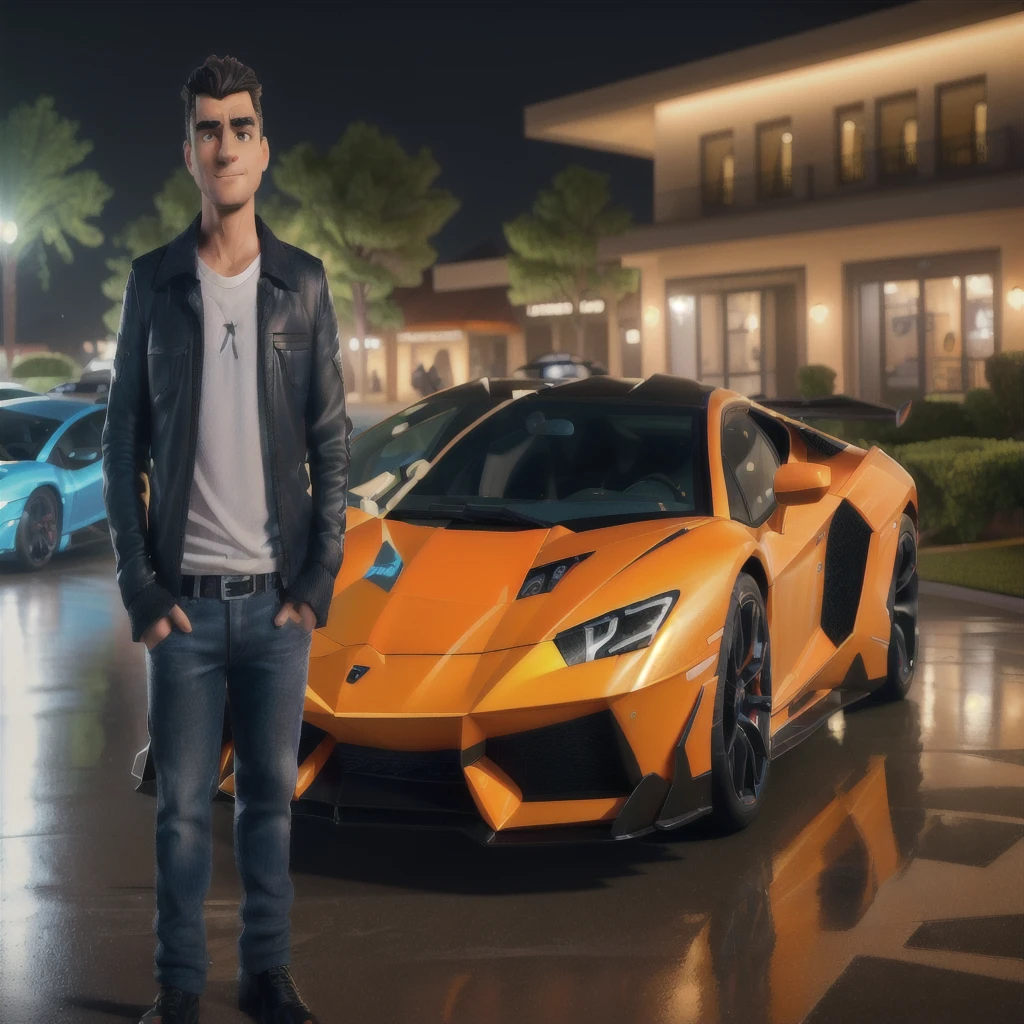chiseled man standing next to a sports car in a parking lot, lamborghini aventador photoshoot, Rafael Personaz, 8k in the style, anton fadeev 8k, bold Lamborghini style, 8K portrait photo, greg rutkowski uhd 8k, intense stare, 4k post, 4k post, Lamborghini, luxurious lifestyle, by Daniel Lieske