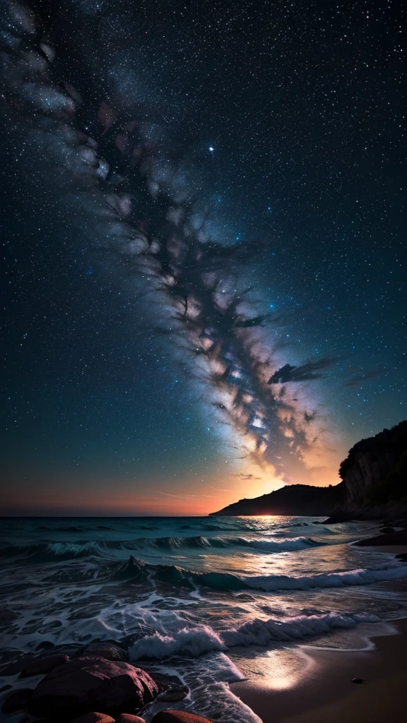 Bioluminescent stars shining in the sky, Pink half moon, Tsukoi Sky, Soft cotton cloud, Turkish sea waves, Shiny, Purple Water, milky way, Complementary lighting