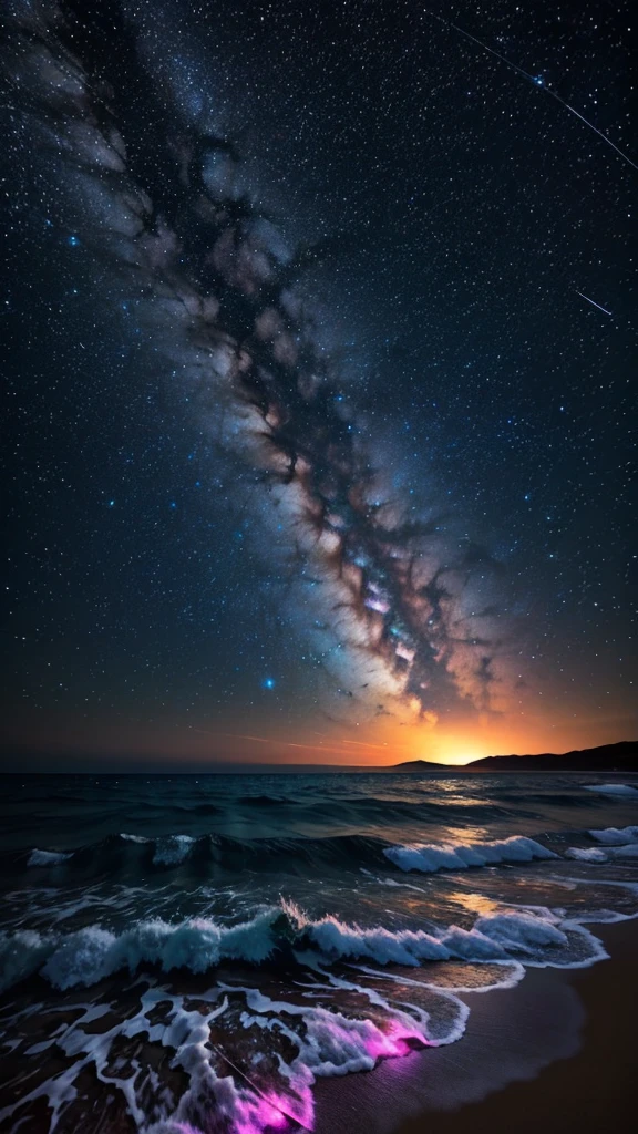 Bioluminescent stars shining in the sky, Pink half moon, Tsukoi Sky, Soft cotton cloud, Turkish sea waves, Shiny, Purple Water, milky way, Complementary lighting
