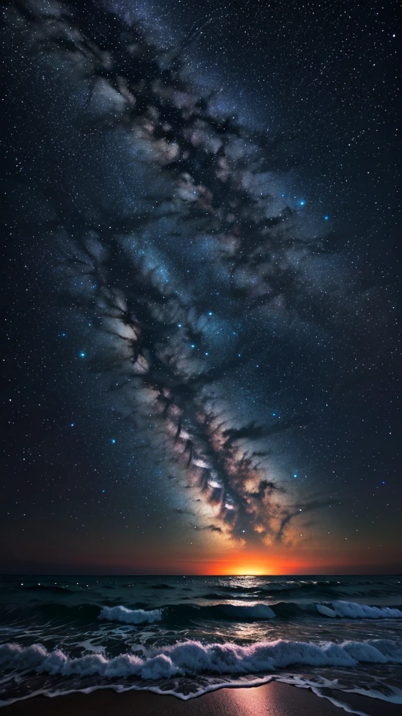 Bioluminescent stars shining in the sky, Pink half moon, Tsukoi Sky, Soft cotton cloud, Turkish sea waves, Shiny, Purple Water, milky way, Complementary lighting