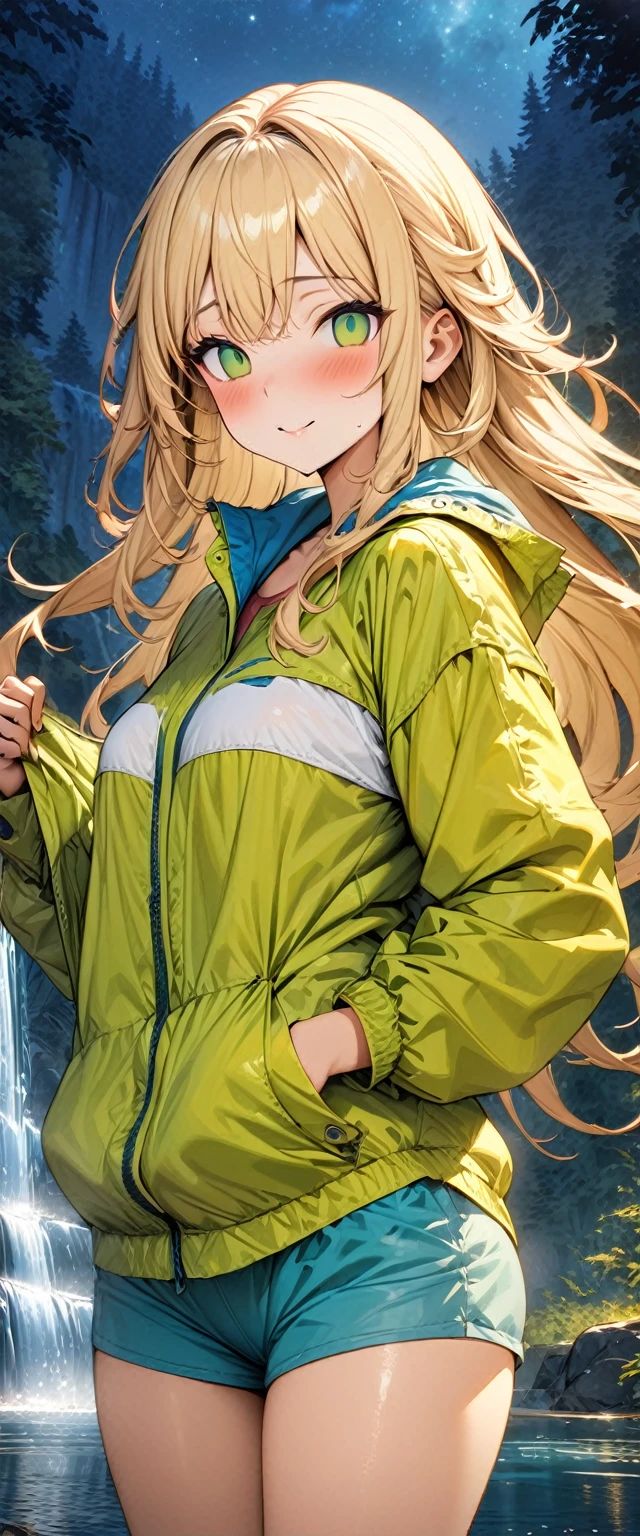 (masterpiece), (highest quality), (illustration), (super detailed), (high resolution), absurdity, 1girl,happy,blush,camping clothes,blonde hair,long hair,green eyes,night,forest lake,waterfall,looking at viewer,mind control,hypnotized,empty eyes,empty pupils,cowboy shot,water,undressing