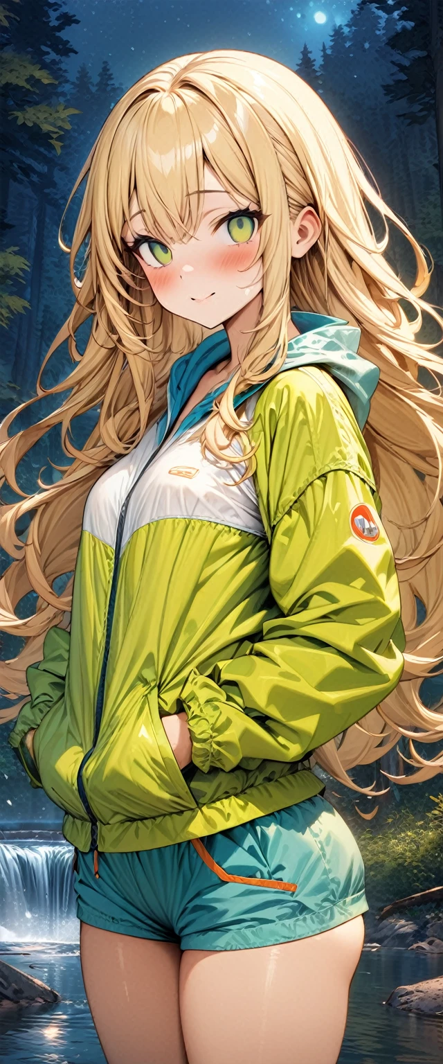 (masterpiece), (highest quality), (illustration), (super detailed), (high resolution), absurdity, 1girl,happy,blush,camping clothes,blonde hair,long hair,green eyes,night,forest lake,waterfall,looking at viewer,mind control,hypnotized,empty eyes,empty pupils,cowboy shot,water,undressing
