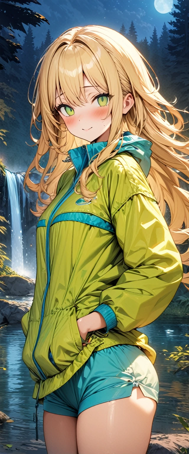 (masterpiece), (highest quality), (illustration), (super detailed), (high resolution), absurdity, 1girl,happy,blush,camping clothes,blonde hair,long hair,green eyes,night,forest lake,waterfall,looking at viewer,mind control,hypnotized,empty eyes,empty pupils,cowboy shot,water,undressing