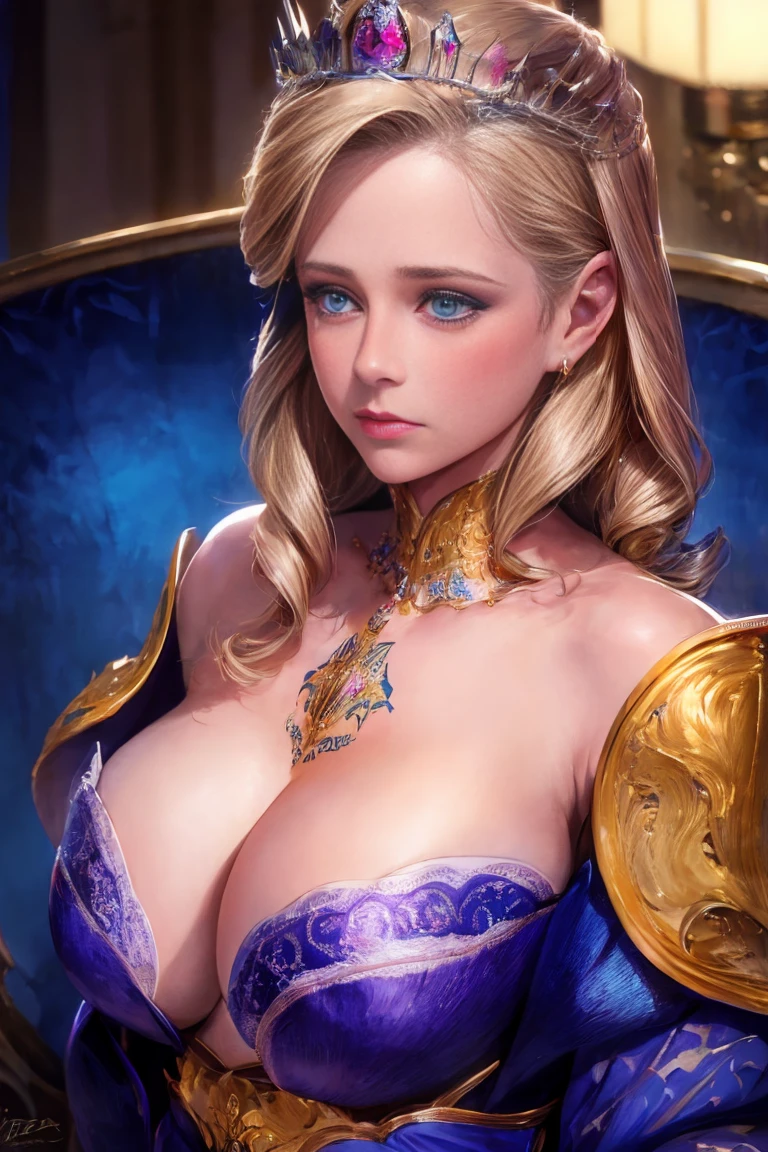 princess leonor, Masterpiece, Best Quality, ultra detailed, illustration,(1 woman),Beautiful detailed eyes, looking at the viewer, close up, (focus on breasts), (From above:1.1), huge breasts, black tattoo, tattoo, chest tattoo, arm tattoo, rib tattoo, breast tattoo, cleavage tattoo, neck tattoo, shoulder tattoo, huge tattoo