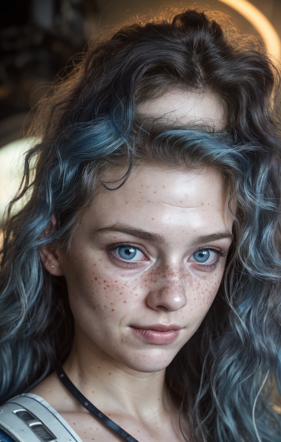 (Close-up, editorial photograph of a 21 year old woman), (highly detailed face:1.mile:0.7) (background inside dark, moody, private study:1.3) POV, by lee jeffries, nikon d850, film stock photograph ,4 kodak portra 400 ,camera f1.6 lens ,rich colors, hyper realistic ,lifelike texture, dramatic lighting , cinestill 800, wavy hair, messy hair, curls, Mischievous smirk, Blue hair, Blue Eyes, freckles, White Skin, Sci Fi, Spaceship, Cyberpunk, Futurism, Technocratic Union, Halo Suit, Astral Plane, European expressions, European woman, European skin