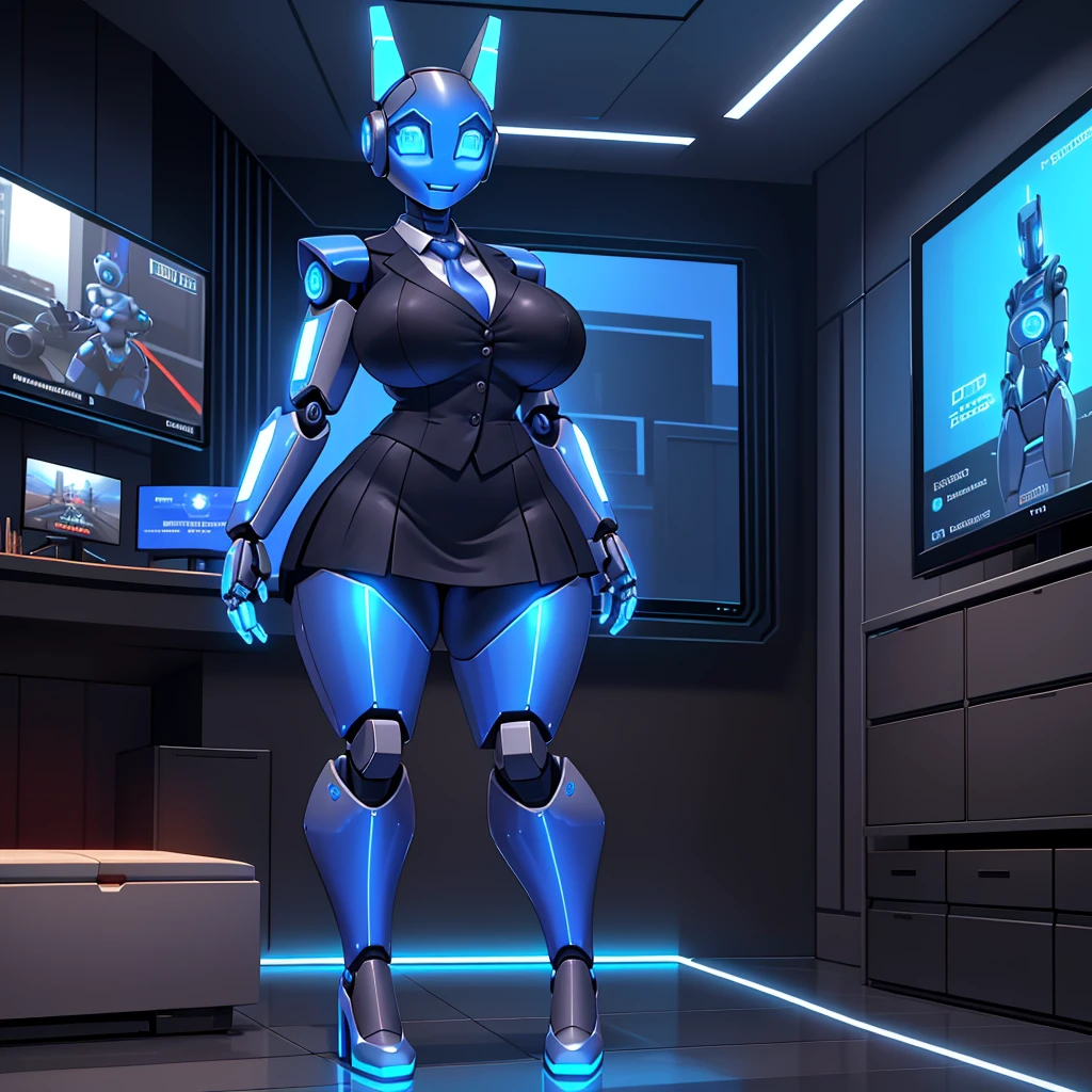 (masterpiece) (high Res), (((robot))), (Perfect face), (perfect anatomy), robot woman with a television head, in super tight clothes, (office suit), (mini skirt), shirt, tie, happy, ((blue glowing eyes)), huge breast, narrow waist, wide hips, thick thighs, Brown skin, metal body, black high heels, ((((non humane robot Head)))), (robot girl), (robot Head))))