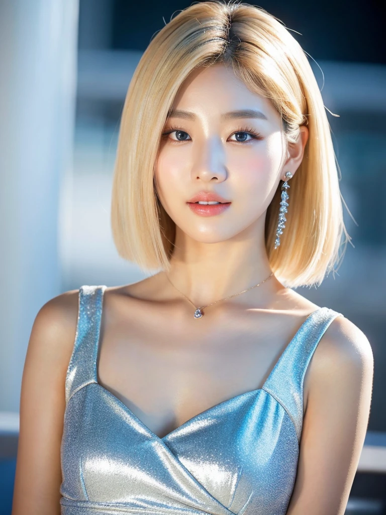Kwon Eun-bi is a young Korean woman in her 28s. Her hair is chanel-cut in a blonde colors.
Her face is slightly shorter than it is long, which carry a warm , expressive face. Her skin is radiant and clear, presenting an impeccable state of health and her curved lips.
Large, brown eyes are expressive and captivating.
Her height is medium, her natural body and defined made up of proportional curves. with the most charming and provocative. It matches their personalities.
She wears a silver dress that sparkles as the moonlight illuminates her